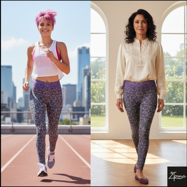 Purple Gray Ombre Damask Floral Tapestry Leggings (Skapare uppladdad)