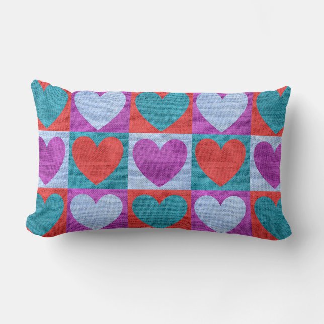 Purple Green and Red Checked Heart Pattern Lumbarkudde (Framsida)