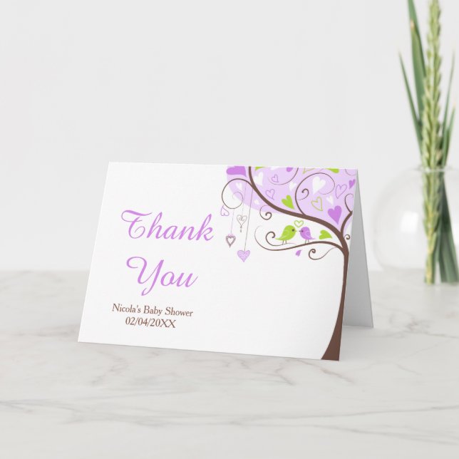 Purple & Green Floral Bird Baby Shower Thank You Tack Kort (Framsida)