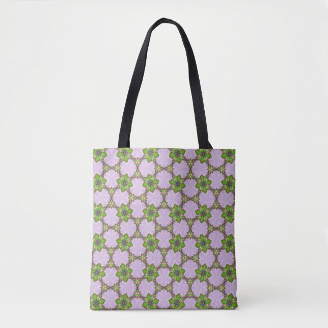Purple & Green Floral Geometric Pattern Tote Tygkasse (Framsida)
