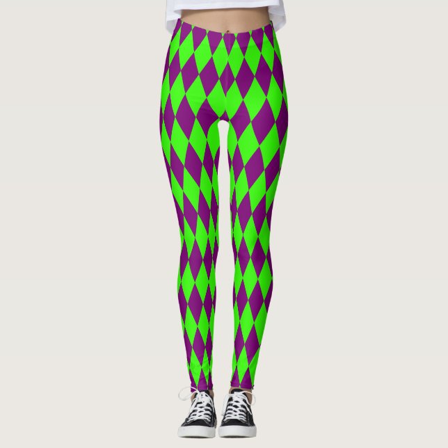 Purple Green Harlequin Checkered Design  Leggings (Framsida)