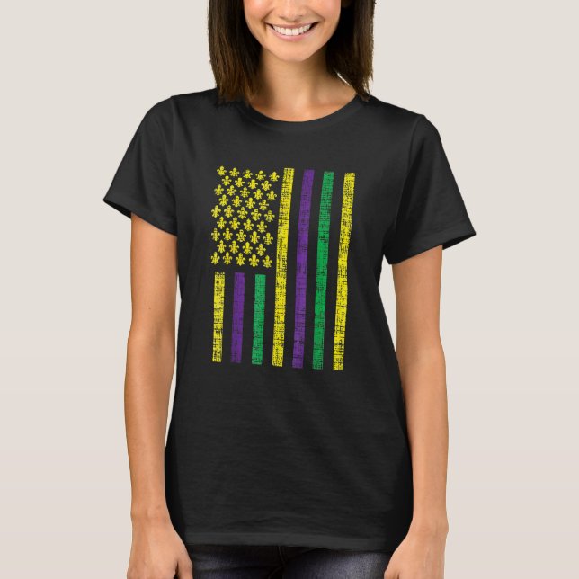 Purple Green Yellow Us Flag Jester Funny Mardi Gra T Shirt (Framsida)