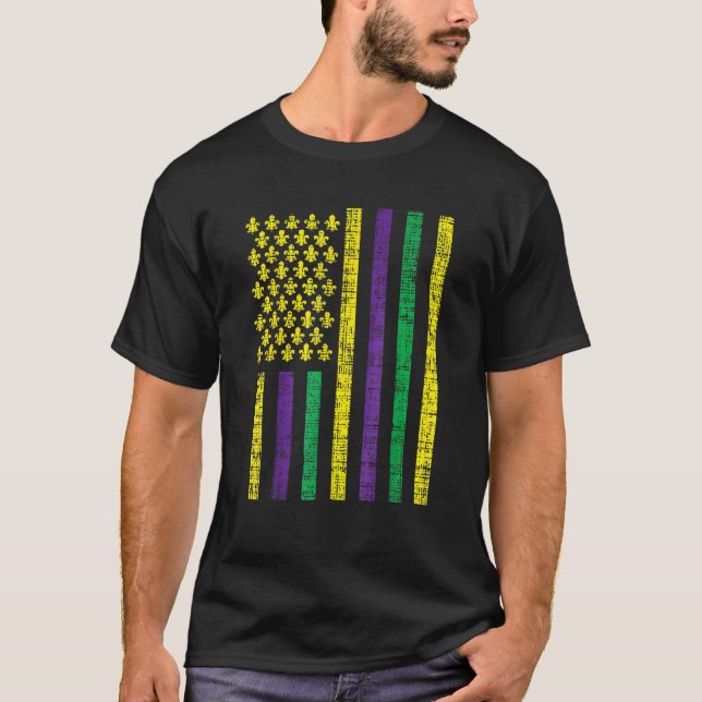 Purple Green Yellow Us Flag Jester Funny Mardi Gra T Shirt (Framsida)