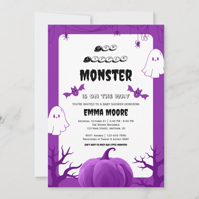 Purple Halloween Monster Baby Shower Design Inbjudningar (Framsida)