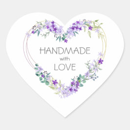 Purple Handmade with Love Quote Floral Heart Hjärtformat Klistermärke