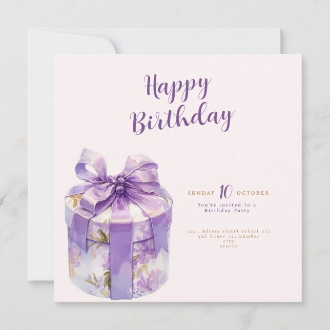 purple Happy birthday Gift box invitation Inbjudningar (Framsida)