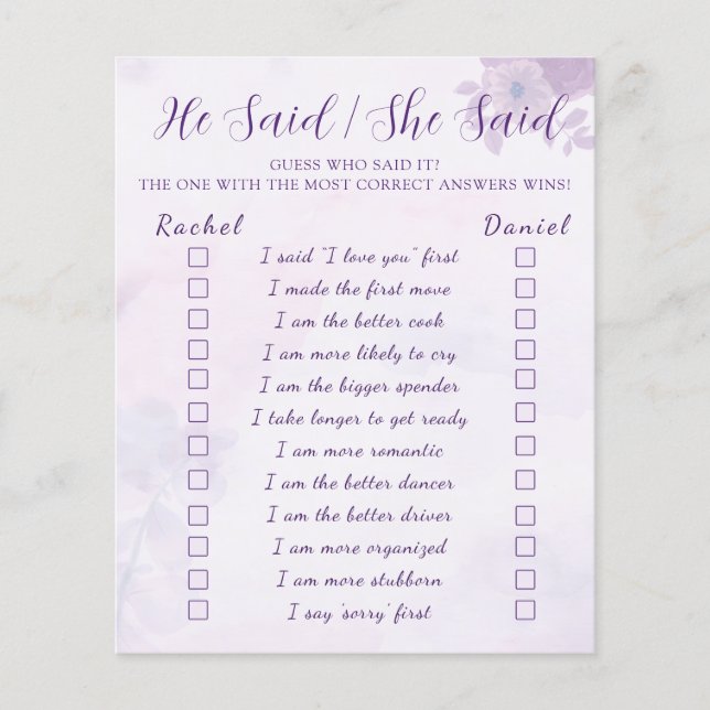 Purple He Said She Said Bridal Shower Game Flygblad (Framsidan)