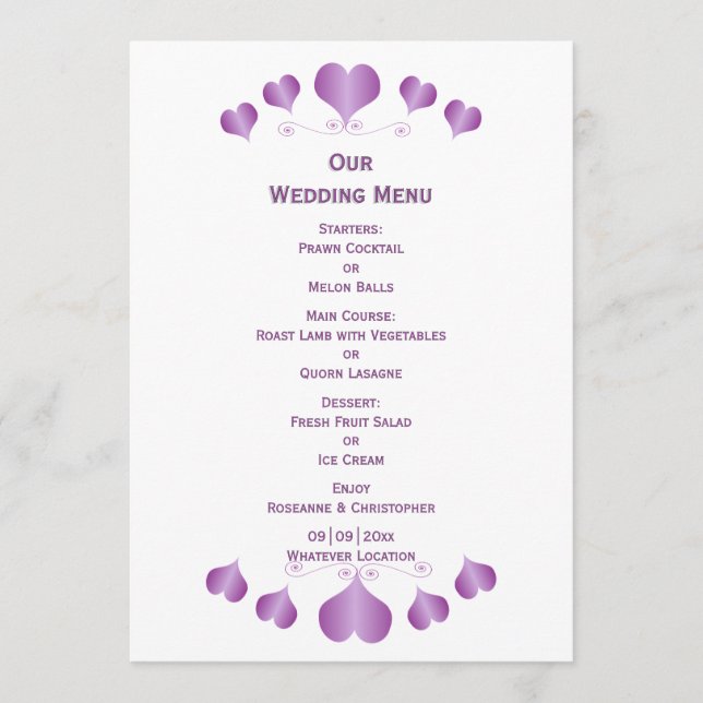 Purple Hearts Design Wedding Meny (Framsida)