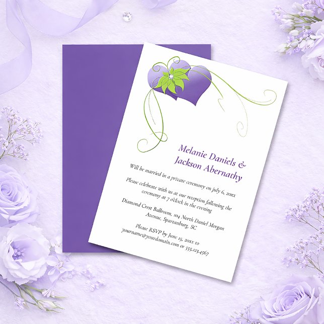 Purple Hearts - Green Floral Swirls Reception Only Inbjudningar (Skapare uppladdad)