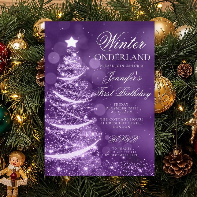 Purple Holiday Winter Onederland 1st Birthday Inbjudningar (Purple Holiday Winter Onederland 1st Birthday Invitation)