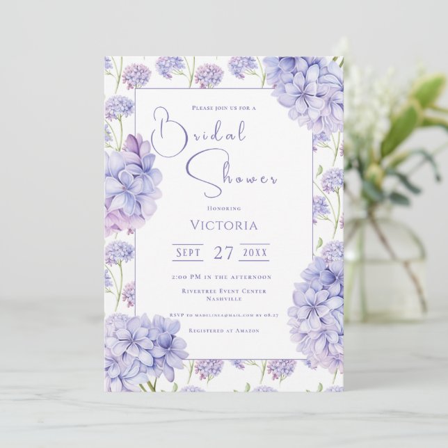 Purple Hydrangea Floral Bridal Shower Invitation Inbjudningar (Stående Fram)