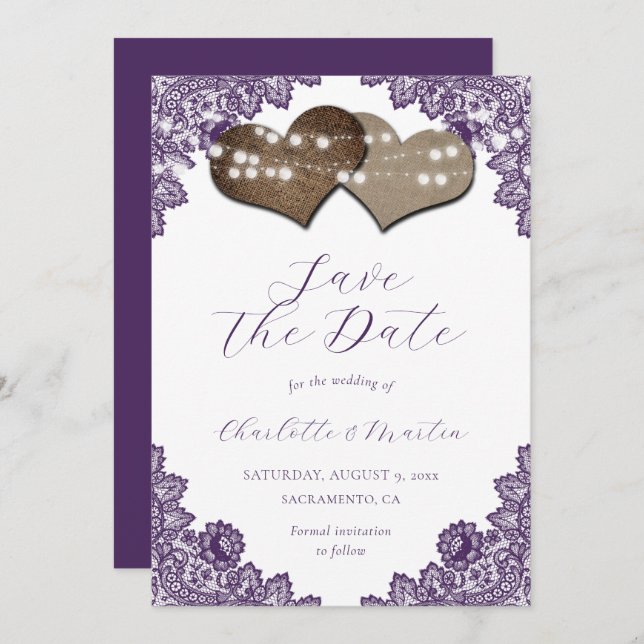 Purple Lace Burlap Hearts Rustic Wedding Spara Datumet (Fram/baksida)