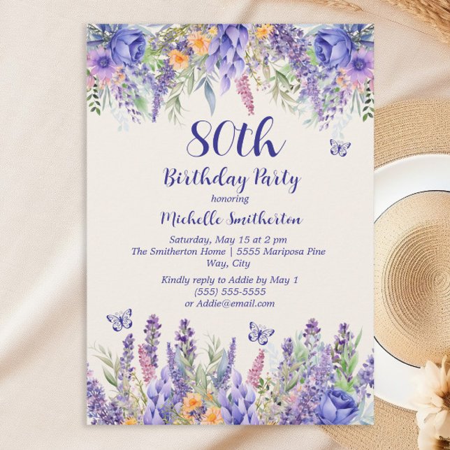 Purple Lavender Floral Garden Party 80th Birthday Inbjudningar (Celebrating a special woman)