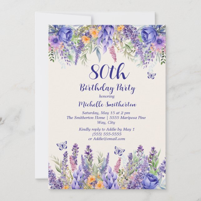 Purple Lavender Floral Garden Party 80th Birthday Inbjudningar (Framsida)