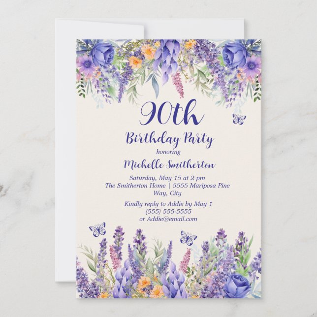 Purple Lavender Floral Garden Party 90th Birthday Inbjudningar (Framsida)