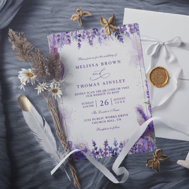 Purple Lavender Floral Modern QR Code Wedding Inbjudningar (Skapare uppladdad)