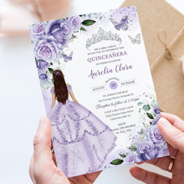 Purple Lavender Floral Silver Quinceanera Sweet 16 Inbjudningar (Skapare uppladdad)