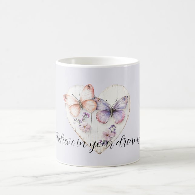 Purple Lavender Pink Floral Heart Butterflies Kaffemugg (Center)