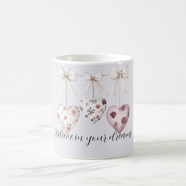 Purple Lavender Pink Floral Hearts Cream Bows Kaffemugg (Center)
