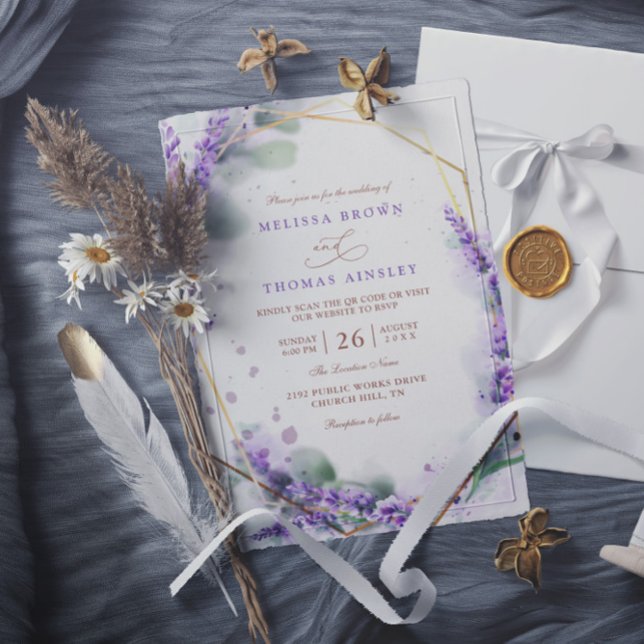 Purple Lavender Rustic Floral QR Code Wedding Inbjudningar (Skapare uppladdad)