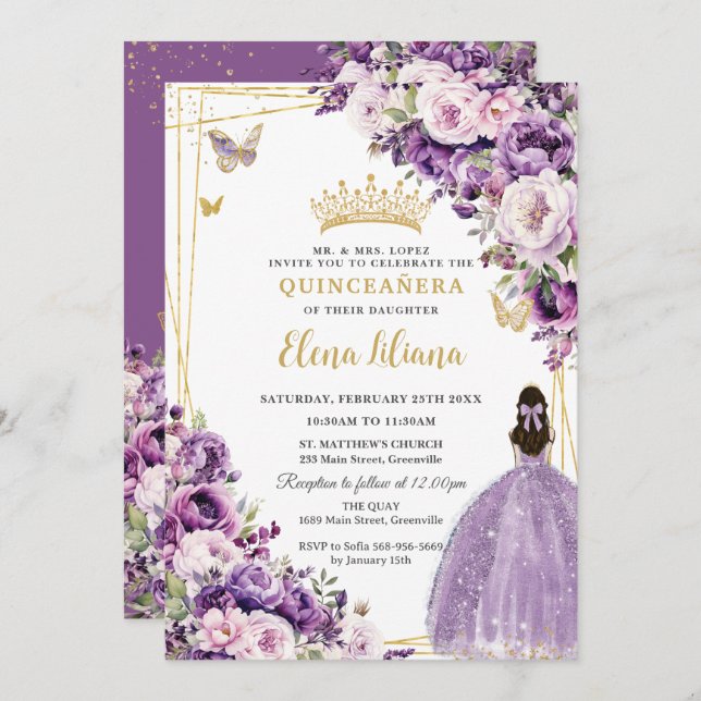 Purple Lilac Blush Floral Quinceanera 15 Sweet 16 Inbjudningar (Fram/baksida)