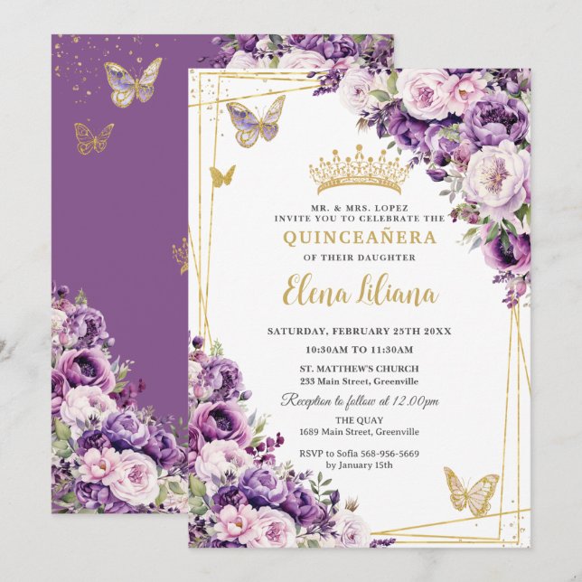 Purple Lilac Blush Floral Quinceanera 15 Sweet 16  Inbjudningar (Fram/baksida)