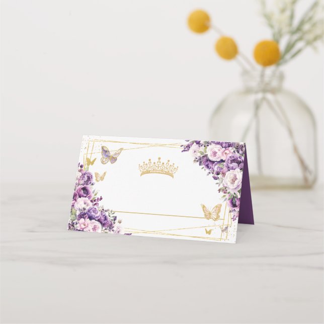 Purple Lilac Floral Gold Butterflies Quinceañera  Placeringskort (Framsida)