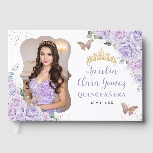 Purple Lilac Floral Gold QUINCEAÑERA 16 Photograph Gästböcker (Framsida)