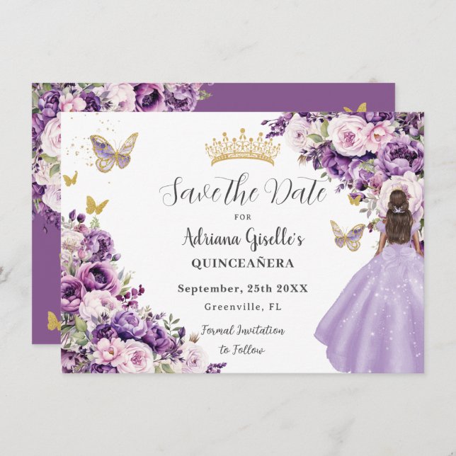 Purple Lilac Floral Quinceanera Save The Date Spara Datumet (Fram/baksida)