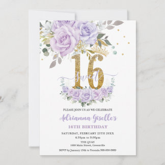 Purple Lilac Floral Sweet Sixteen 16th Birthday Inbjudningar