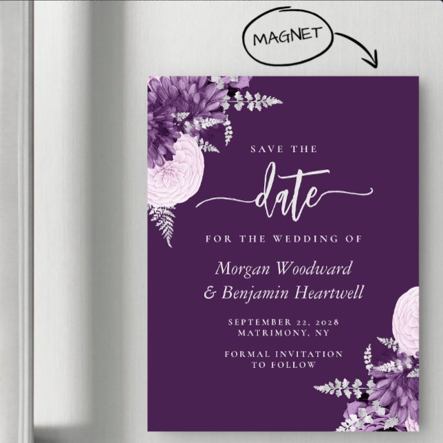 Purple Lilac Silver Floral Wedding Save the Date Magnetisk Inbjudningskort (Skapare uppladdad)