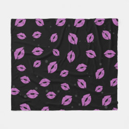 Purple Lipstick Kisses on Black Background Pattern Fleecefilt