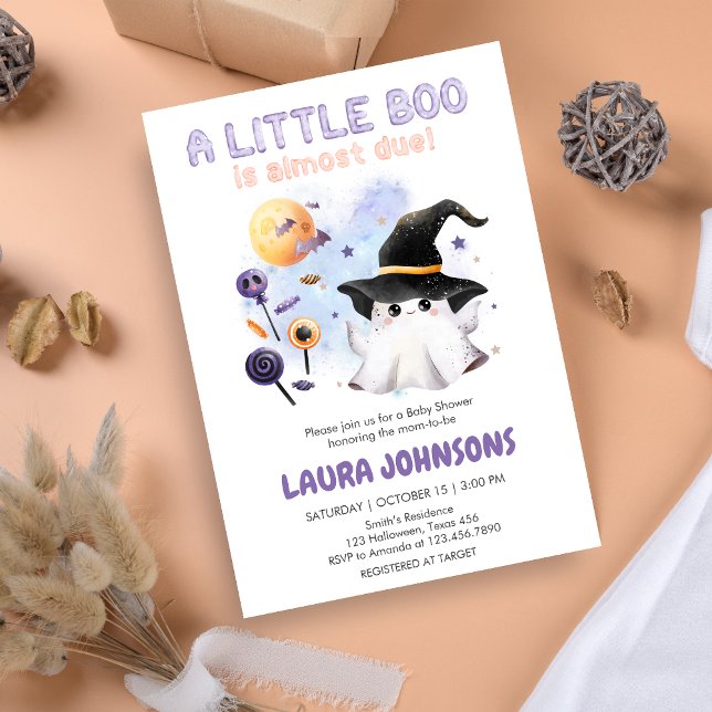 Purple Little Boo Ghost Witch Baby Shower Inbjudningar (Little Boo Halloween Baby Shower Invitation)