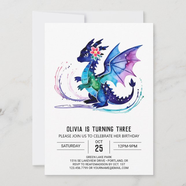 Purple Little Dragon Digital Girl Birthday Inbjudningar (Framsida)