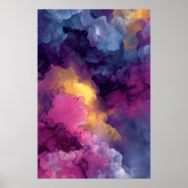 Purple Magenta Gold Alcohol Ink Nebula Flow Poster (Framsidan)