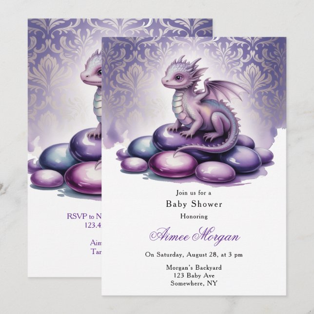 Purple Magical Dragon Baby Shower Inbjudningar (Fram/baksida)