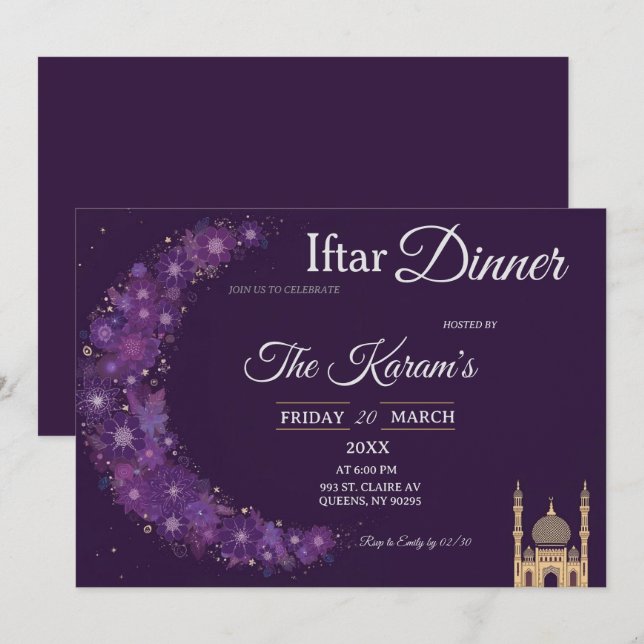 Purple Minimal Mosque Ramadan Iftar Party  Invit Inbjudningar (Fram/baksida)
