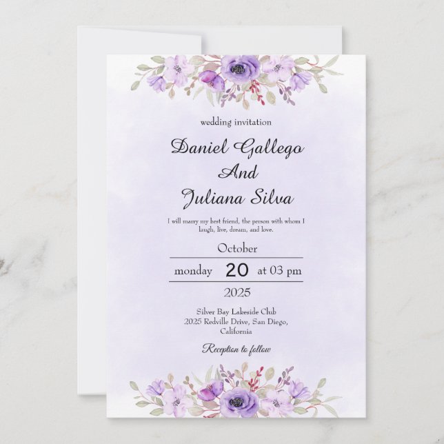 Purple Minimalist Floral Wedding Invitations Inbjudningar (Framsida)