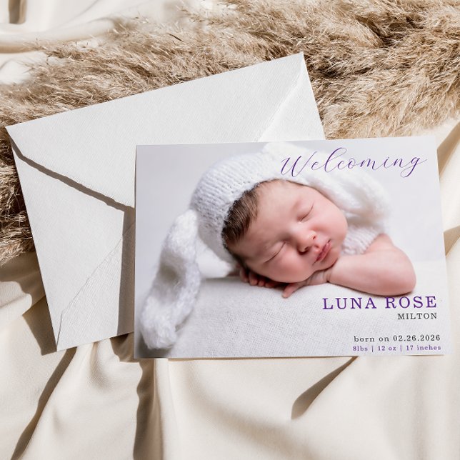 Purple Minimalist Photo Baby Announcement Card (Skapare uppladdad)