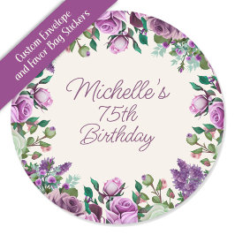 Purple Mint Green Watercolor Floral 75 Birthday Runt Klistermärke