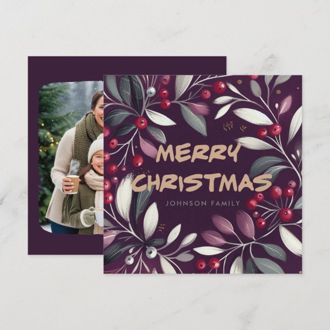 Purple mistletoe wreath Flat Holiday Card Julkort (Fram/baksida)