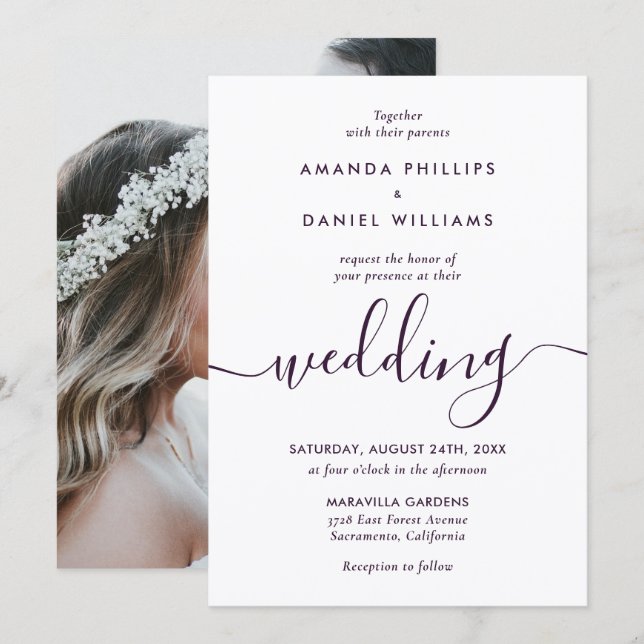 Purple Modern Script Elegant Photo Wedding Inbjudningar (Fram/baksida)