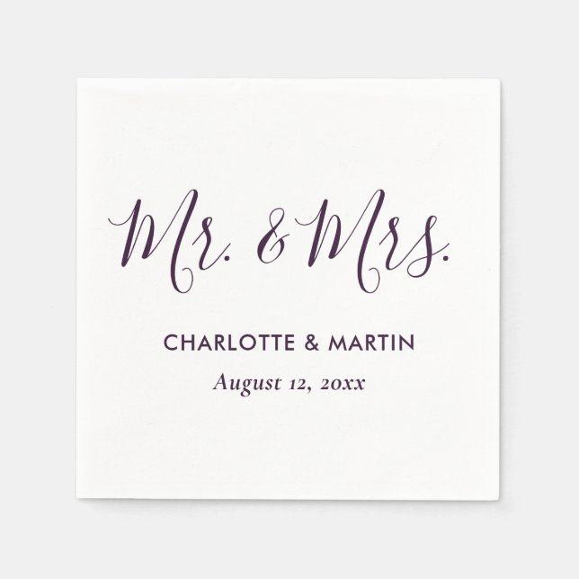 Purple Modern Script Mr. and Mrs. Wedding Pappersservett (Framsidan)