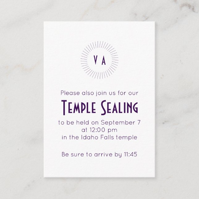 Purple Monogram Circle Temple Sealing Invitation Tilläggskort (Framsida)