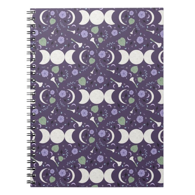 Purple Moon Phase Floral Pattern Spiral Notebook Anteckningsbok (Framsidan)