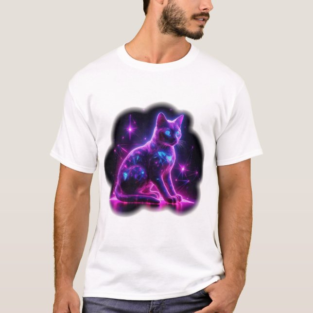 Purple Neon Siamese Cat With Blue Eyes & Starburst T Shirt (Framsida)