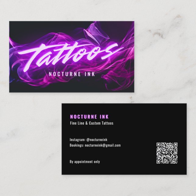 Purple Neon & Smoke Tattoo Artist QR Code Visitkort (Fram/baksida)