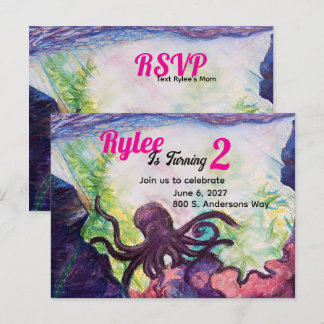 Purple Octopus Reef Illustrated Invitation Vykort