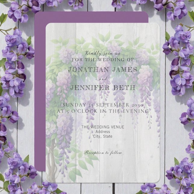 Purple on Wood Wisteria Floral Wedding Invitation Inbjudningar (Skapare uppladdad)