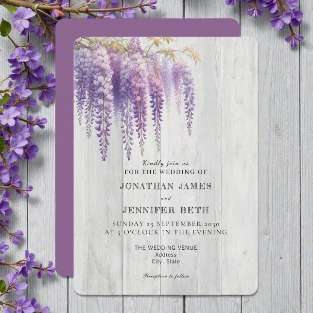 Purple on Wood Wisteria Floral Wedding Invitation Inbjudningar (Skapare uppladdad)